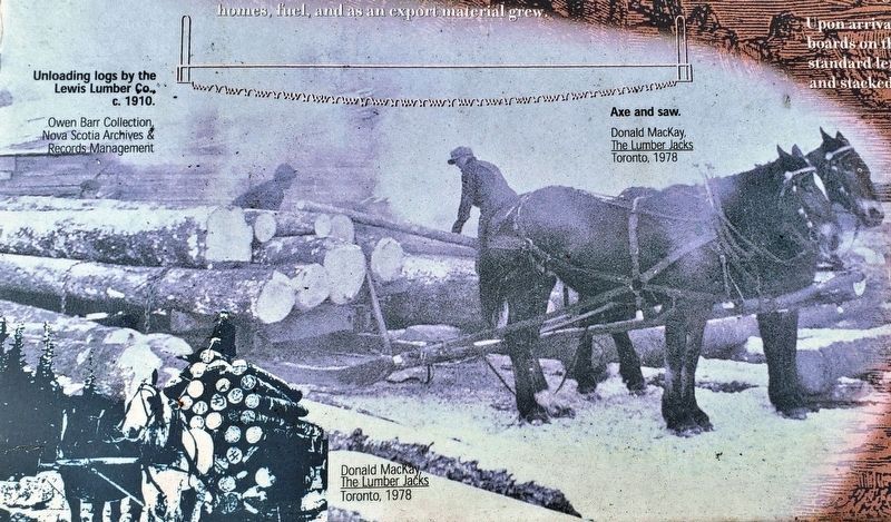 Marker detail: Unloading logs by the Lewis Lumber Co.,<br>(c. 1910). Click for full size. Marker detail: Unloading logs by the Lewis Lumber Co.,<br>(c. 1910) image. Click for full size.