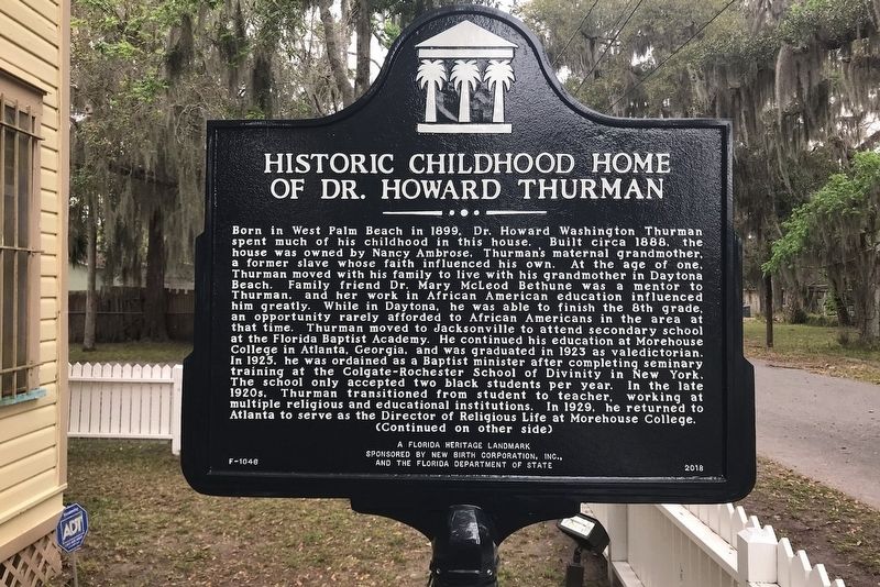Historic Childhood Home of Dr. Howard Thurman Marker Side 1 image. Click for full size.