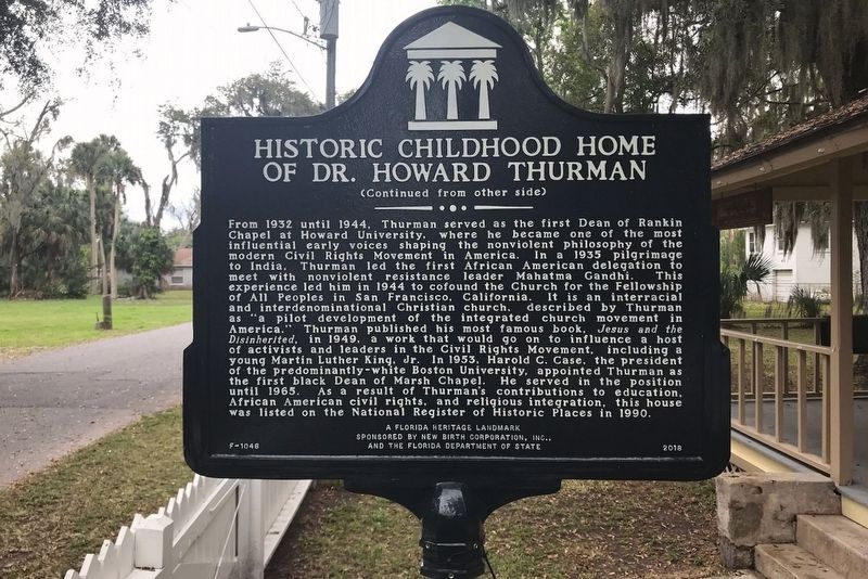 Historic Childhood Home of Dr. Howard Thurman Marker Side 2 image. Click for full size.
