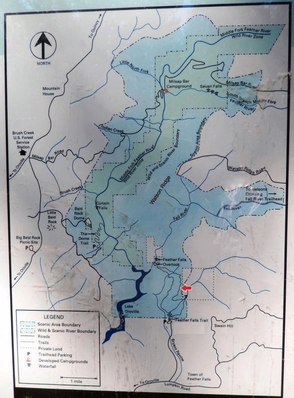 Feather Falls Trail Map<br>(<i>red arrow at approximate marker location</i>) image. Click for full size.