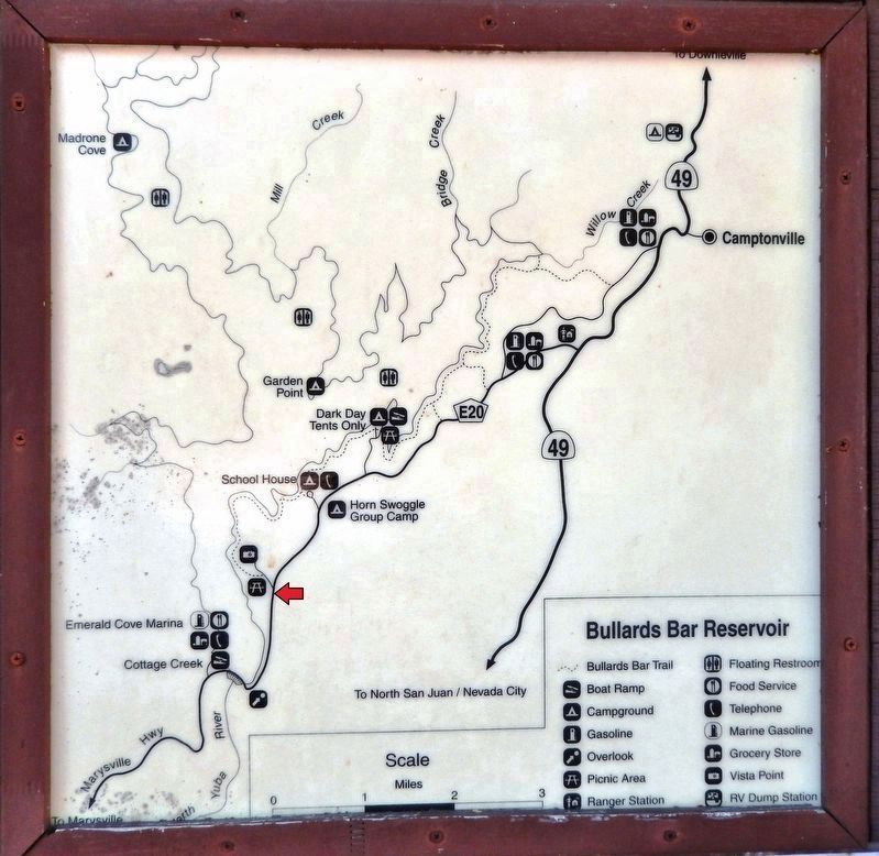 Bullards Bar Reservoir Map<br>(<i>red arrow indicates kisok & marker location</i>) image. Click for full size.
