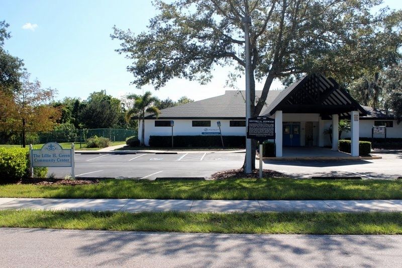 Historical Winwood Marker in front of community center image. Click for full size.