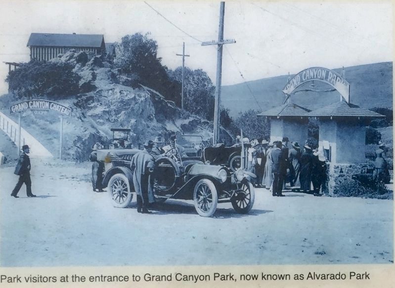 Marker inset: <i> Park visitors at the entrance to Grand Canyon Park, now known as Alvarado Park</i> image. Click for full size.