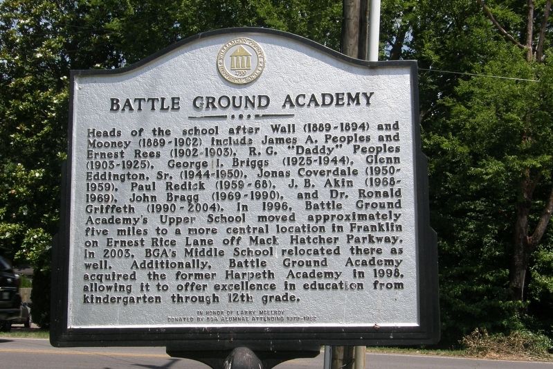 Battle Ground Academy Marker (back) image. Click for full size.
