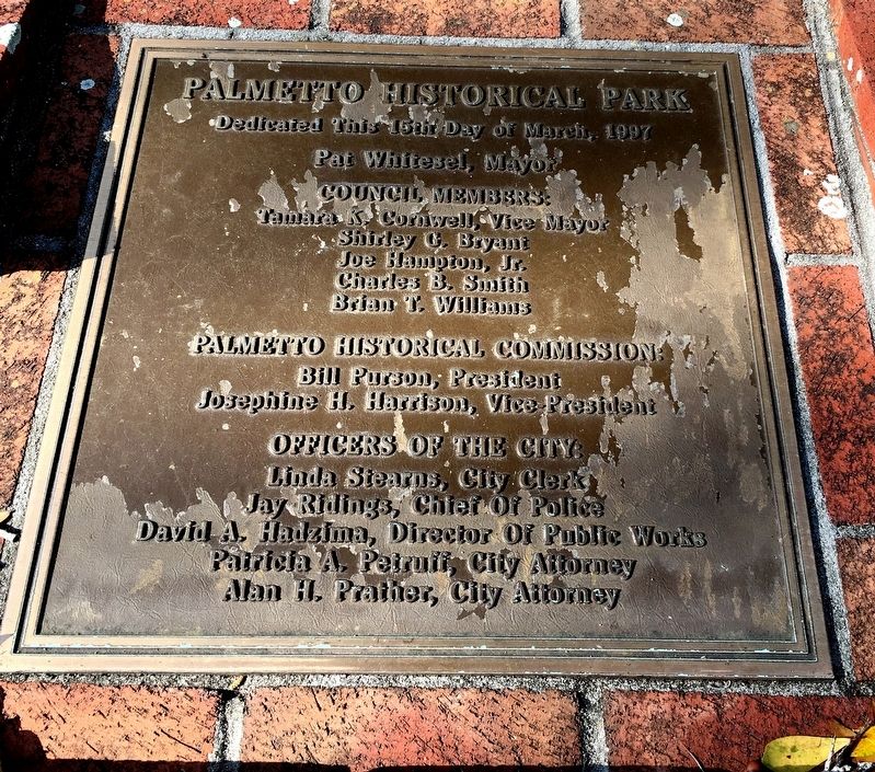 Palmetto Historical Park dedication plaque image. Click for full size.
