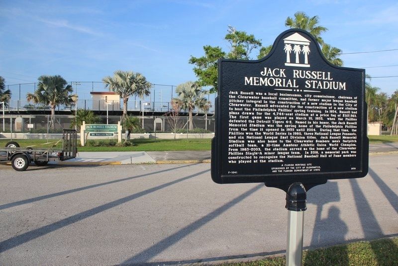 Jack Russell Memorial Stadium Marker looking toward the stadium image. Click for full size.