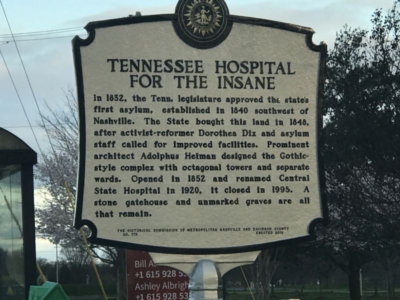 Tennessee Hospital for the Insane Marker image. Click for full size.