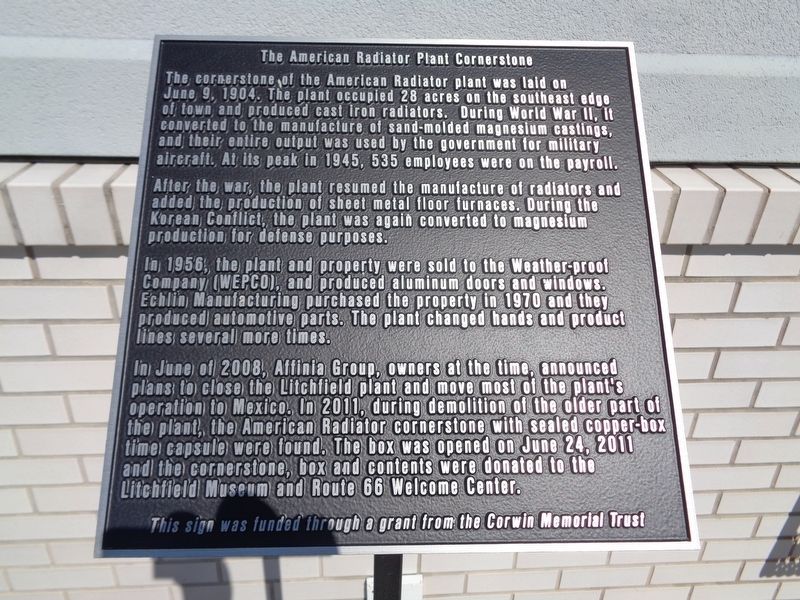 The American Radiator Plant Cornerstone Marker image. Click for full size.