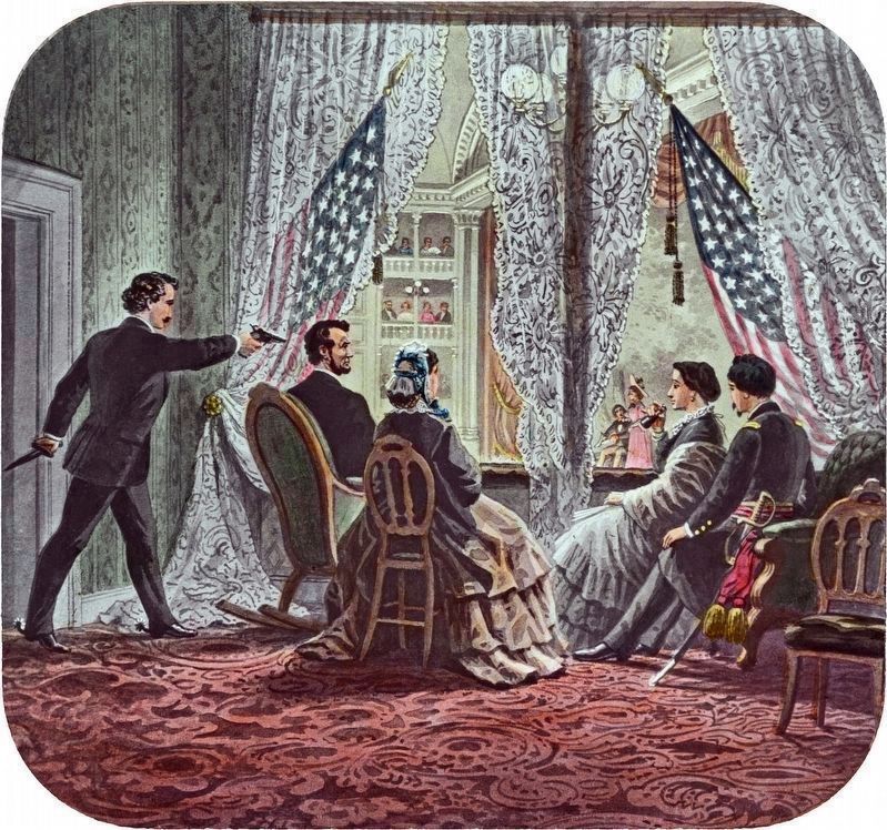 John Wilkes Booth leaning forward to shoot President Abraham Lincoln ... image. Click for full size.