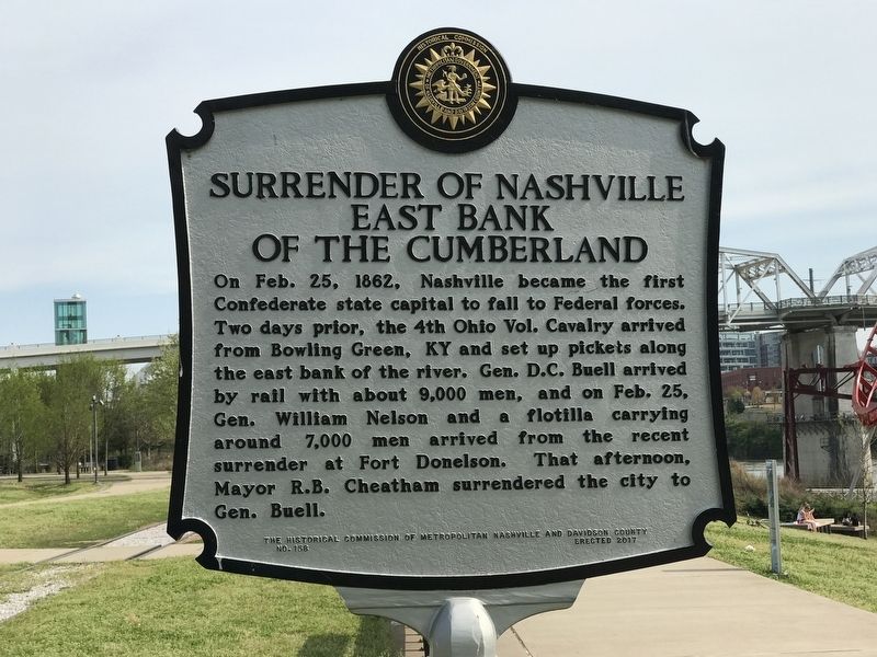 Surrender of Nashville East Bank of the Cumberland Marker. Click for full size. Surrender of Nashville East Bank of the Cumberland Marker image. Click for full size.