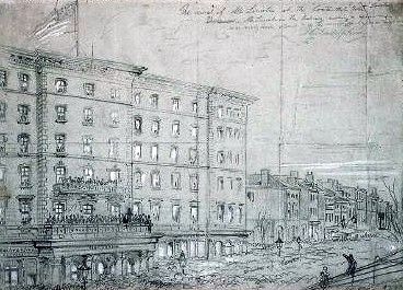 "Lincoln arriving at the Continental Hotel" by Thomas Nast. image. Click for full size.