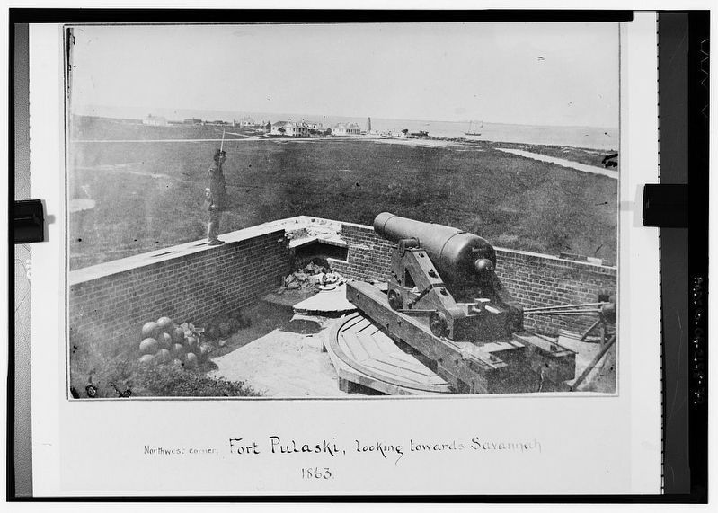 "Northwest corner, Fort Pulaski, looking towards Savannah" (Note construction village in background) image. Click for full size.