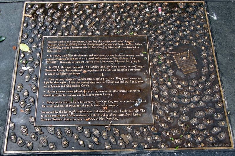 New York City Garment Workers, plaque 1. Click for full size. New York City Garment Workers, plaque 1 image. Click for full size.