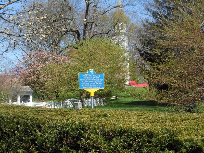 Meeting House up on hill behind trees and Marker, as viewed from Main Street. image. Click for full size.