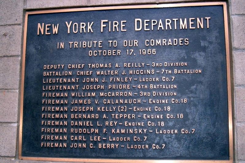 New York Fire Department - original memorial plaque. Click for full size. New York Fire Department - original memorial plaque image. Click for full size.