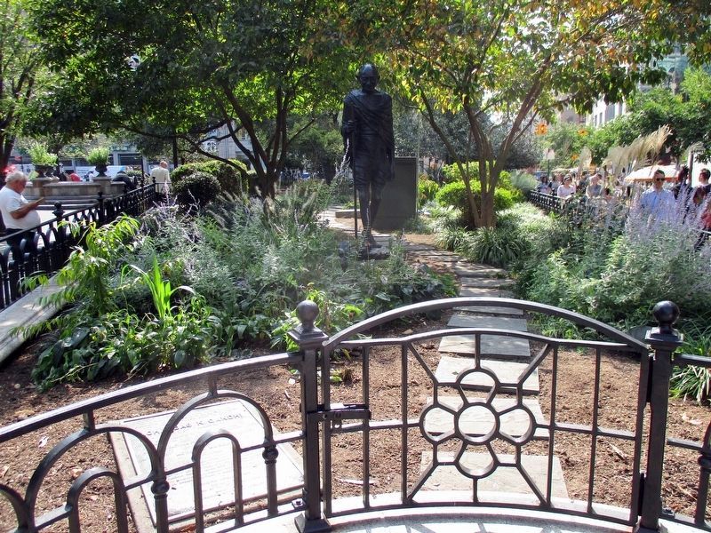 Mohandas K. Gandhi plaque and statue in Gandhi Gardens image. Click for full size.