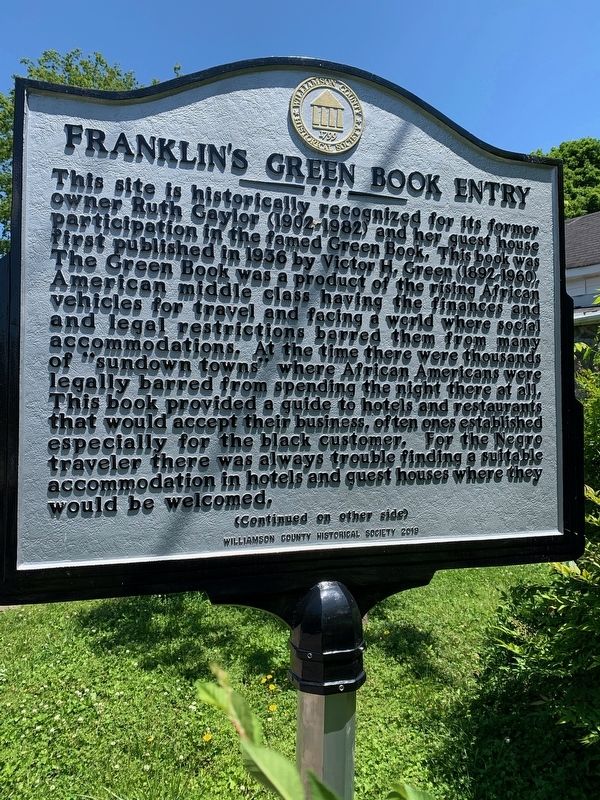 Franklin's Green Book Entry Marker (Side One) image. Click for full size.