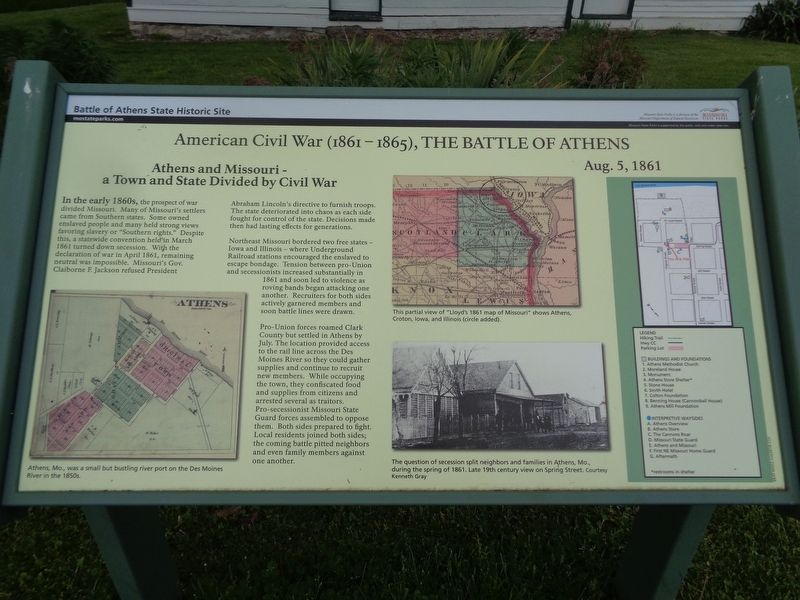 Athens and Missouri - a Town and State Divided by Civil War Marker. Click for full size. Athens and Missouri - a Town and State Divided by Civil War Marker image. Click for full size.