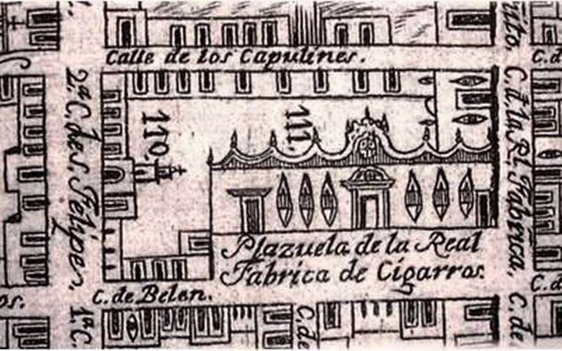 A portion of the Royal Tobacco Factory from Calado's 1796 map of Santiago de Quertaro image. Click for full size.