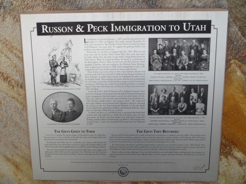 Russon & Peck Immigration to Utah Marker image. Click for full size.