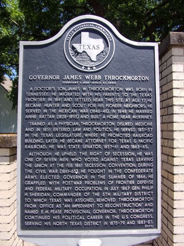 Governor James Webb Throckmorton Marker. Click for full size. Governor James Webb Throckmorton Marker image. Click for full size.