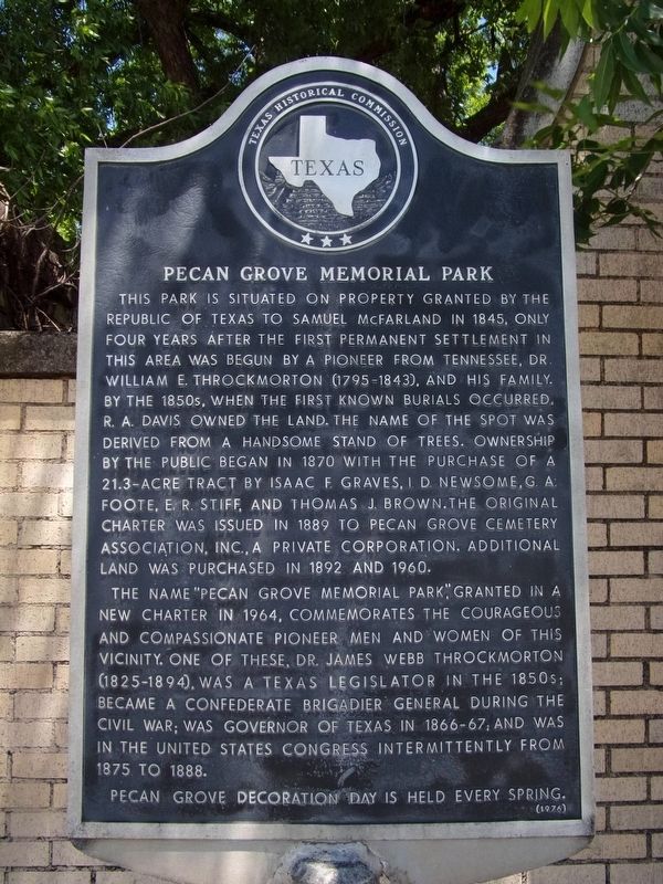 Pecan Grove Memorial Park Marker image. Click for full size.