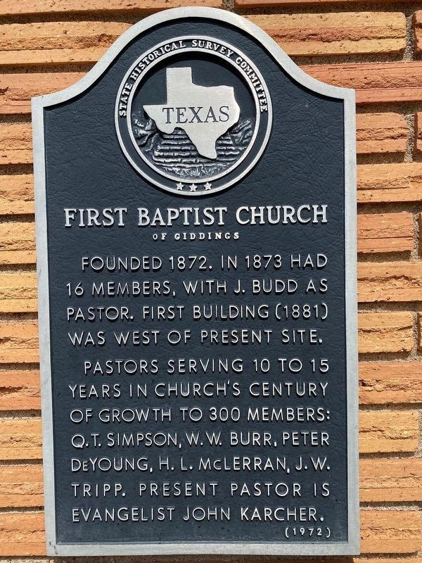 First Baptist Church of Giddings Marker image. Click for full size.