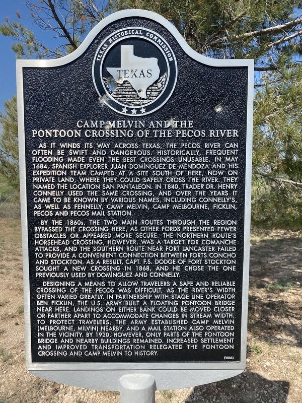 Camp Melvin and the Pontoon Crossing of the Pecos River Marker image. Click for full size.