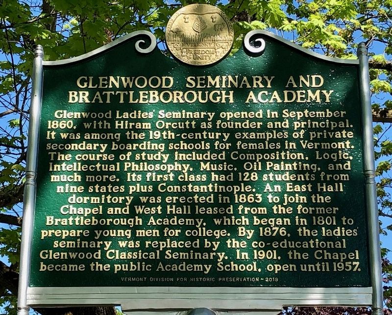 Glenwood Seminary and Brattleborough Academy Marker image. Click for full size.