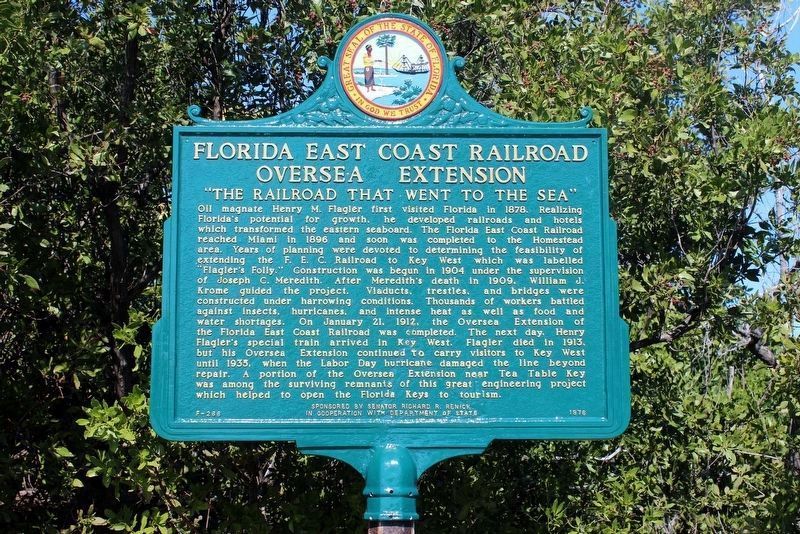 Florida East Coast Railroad Oversea Extension marker after restoration image. Click for full size.