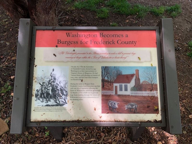 Washington Becomes a Burgess for Frederick County Marker. Click for full size. Washington Becomes a Burgess for Frederick County Marker image. Click for full size.