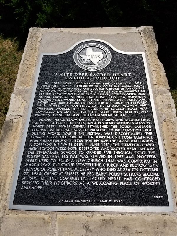 White Deer Sacred Heart Catholic Church Marker. Click for full size. White Deer Sacred Heart Catholic Church Marker image. Click for full size.