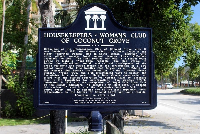 Housekeepers-Womans Club of Coconut Grove Marker Side 1 image. Click for full size.