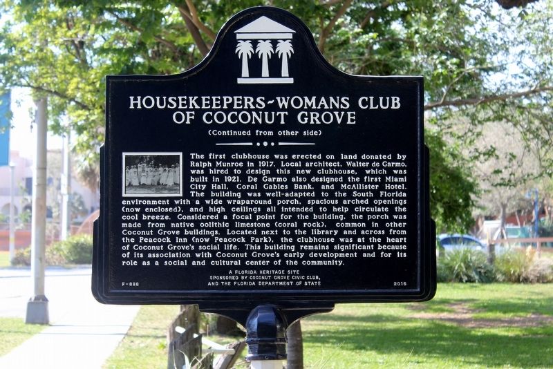 Housekeepers-Womans Club of Coconut Grove Marker Side 2 image. Click for full size.