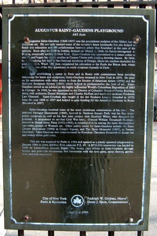 Augustus Saint-Gaudens Playground Marker. Click for full size. Augustus Saint-Gaudens Playground Marker image. Click for full size.