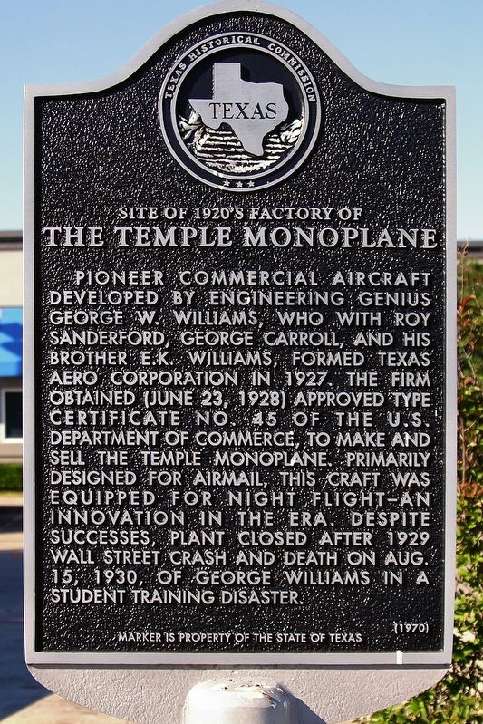 Site of 1920's Factory of the Temple Monoplane Marker. Click for full size. Site of 1920's Factory of the Temple Monoplane Marker image. Click for full size.