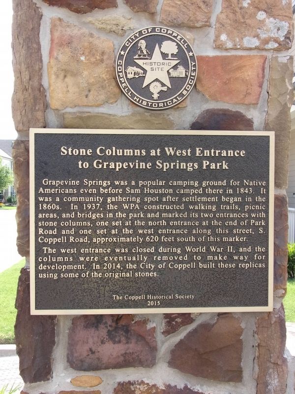Stone Columns at West Entrance to Grapevine Springs Park Marker. Click for full size. Stone Columns at West Entrance to Grapevine Springs Park Marker image. Click for full size.