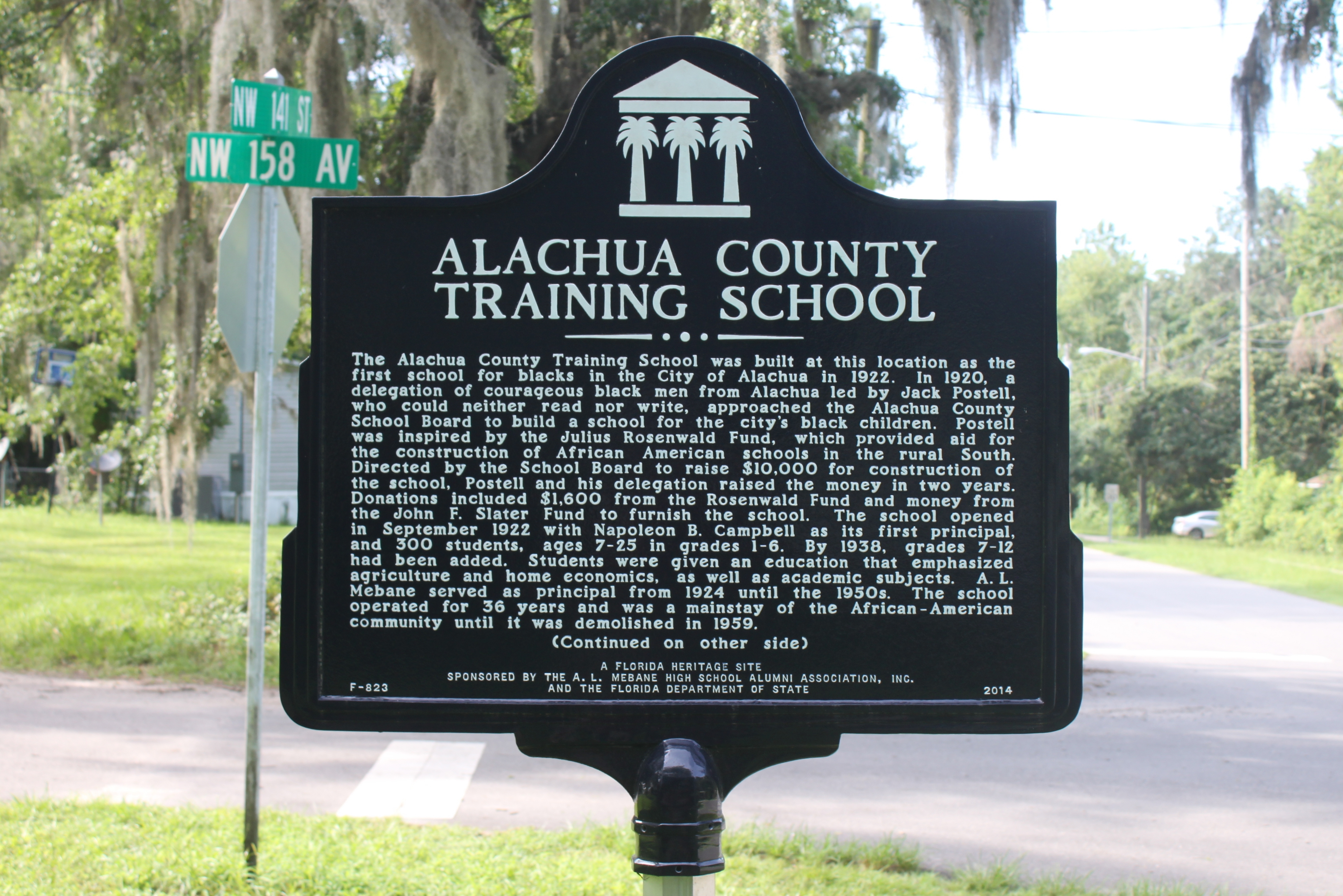 Alachua County Training School Marker Side 1