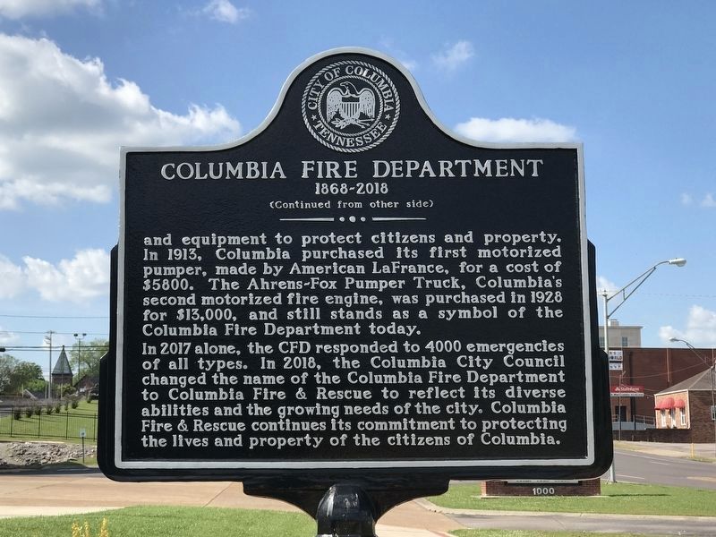 Columbia Fire Department Marker reverse image. Click for full size.