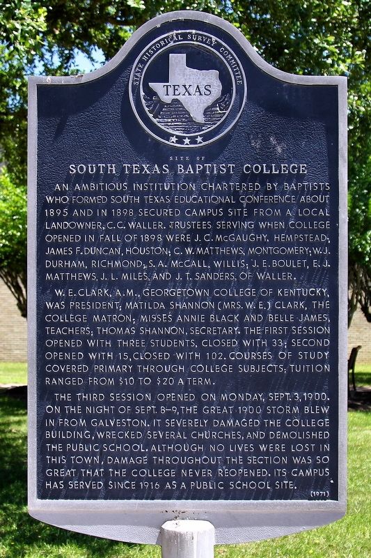 South Texas Baptist College Marker image. Click for full size.