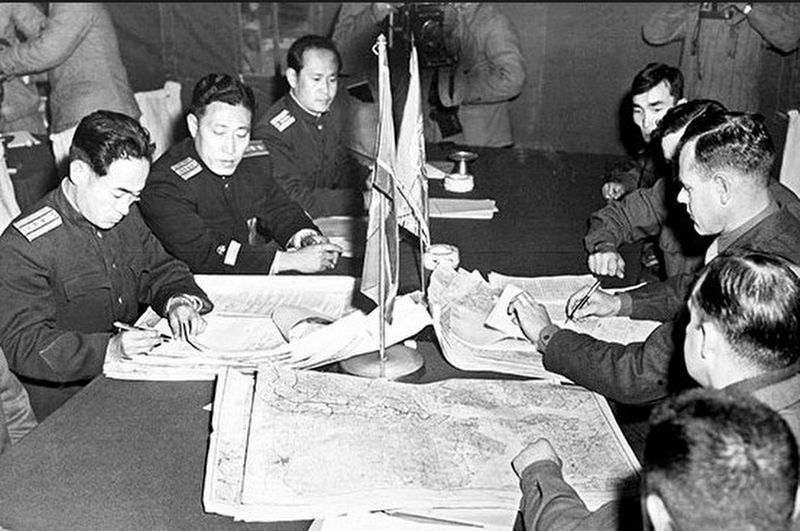 A session of the truce talks at Panmunjom. Click for full size. A session of the truce talks at Panmunjom image. Click for full size.