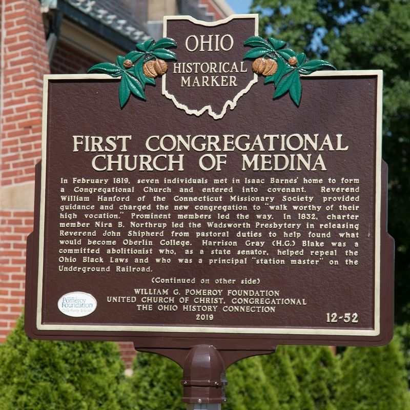 First Congregational Church of Medina Marker, side one image. Click for full size.
