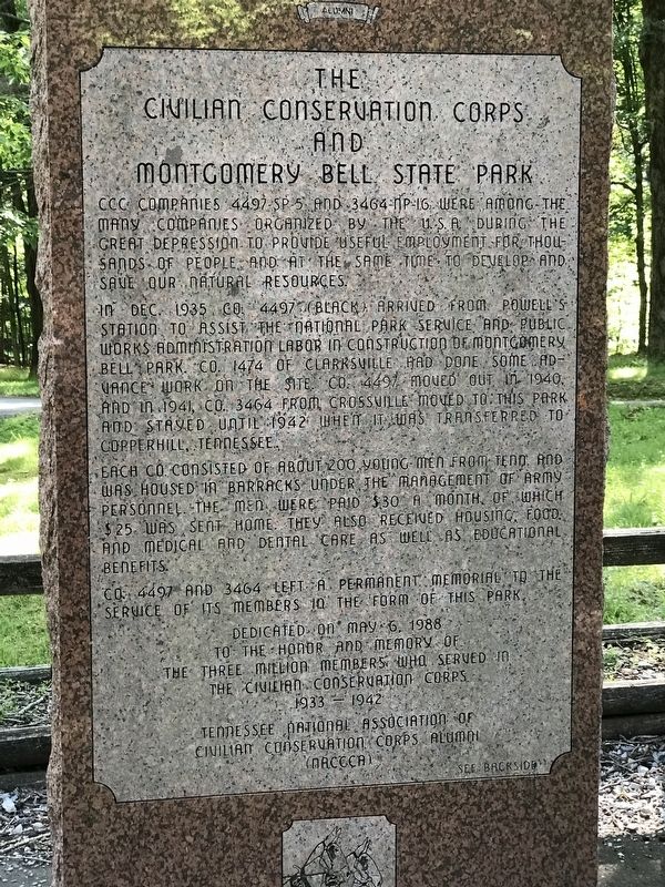 The Civilian Conservation Corps and Montgomery Bell State Park Marker. Click for full size. The Civilian Conservation Corps and Montgomery Bell State Park Marker image. Click for full size.