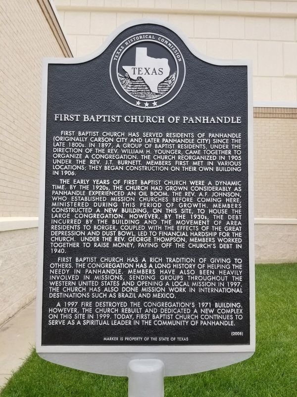 First Baptist Church of Panhandle Marker. Click for full size. First Baptist Church of Panhandle Marker image. Click for full size.