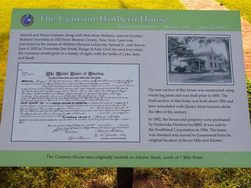 The Cranson-Hinbern House Marker image. Click for full size.