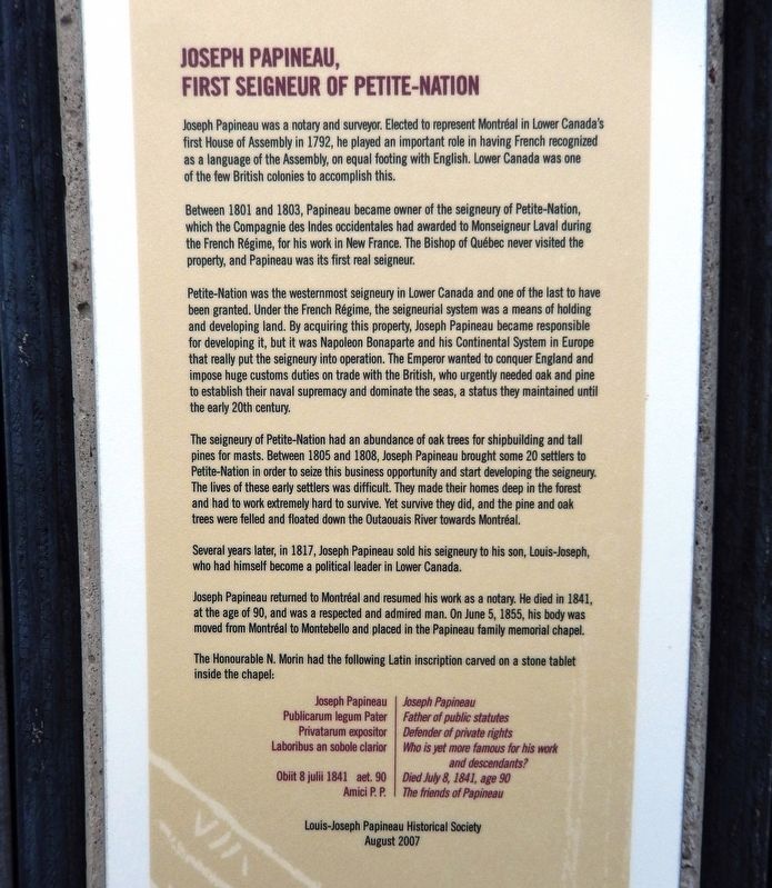 Joseph Papineau Marker (<i>English</i>). Click for full size. Joseph Papineau Marker (<i>English</i>) image. Click for full size.