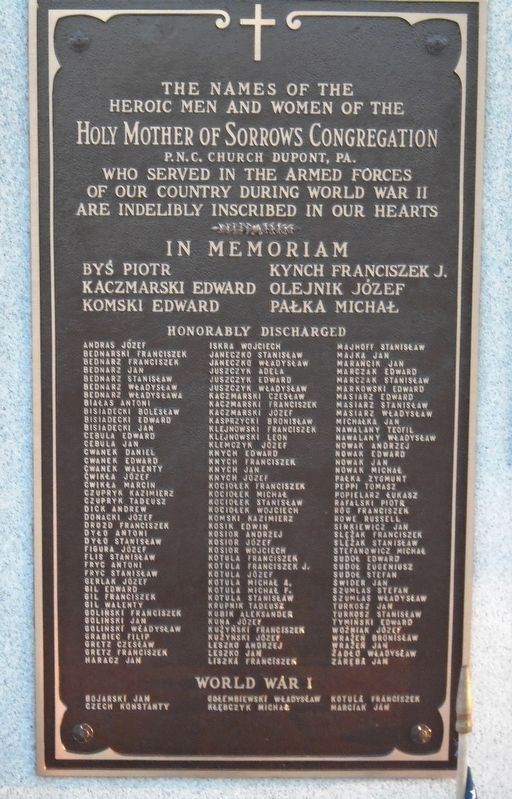 Holy Mother of Sorrows P.N.C.C. War Memorial World Wars Honor Roll. Click for full size. Holy Mother of Sorrows P.N.C.C. War Memorial World Wars Honor Roll image. Click for full size.