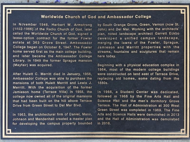 Worldwide Church of God Marker. Click for full size. Worldwide Church of God Marker image. Click for full size.