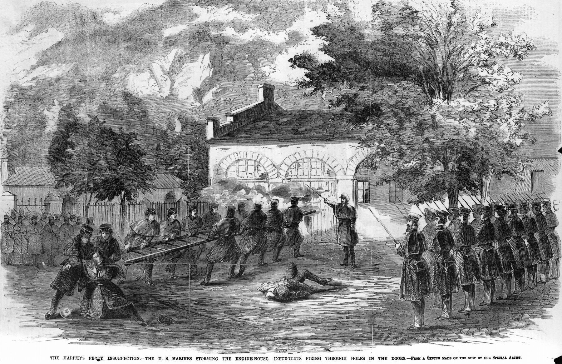 U.S. Marines under Robert E. Lee storm the engine house at Harpers Ferry to capture John Brown. image. Click for full size.