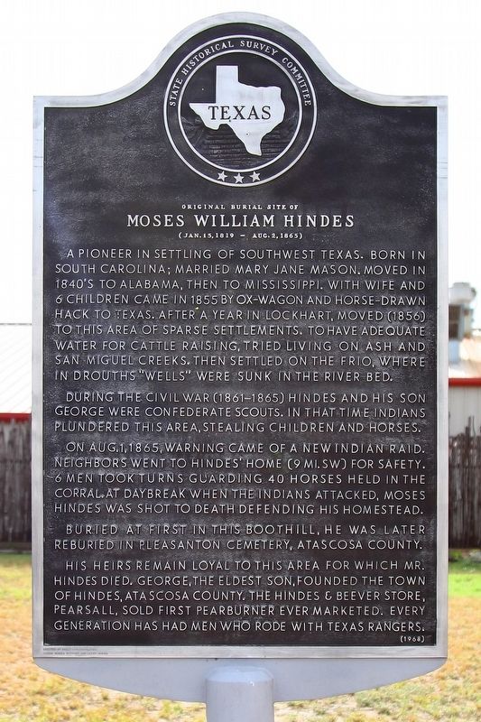 Original Burial Site of Moses William Hindes Marker image. Click for full size.